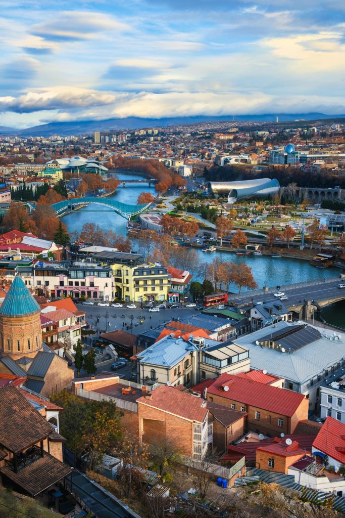 Aerial view of Tbilisi, Bridge of Peace and Rike Park, Georgia