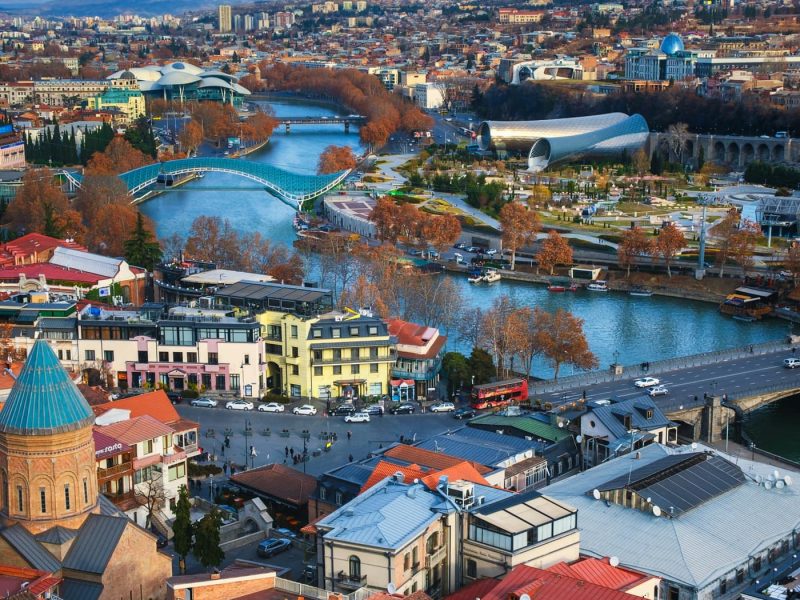 Aerial view of Tbilisi, Bridge of Peace and Rike Park, Georgia