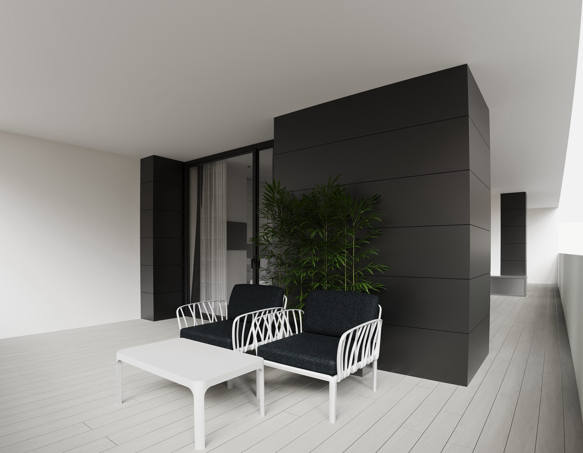 One-bedroom, warm finish — balcony at dusk