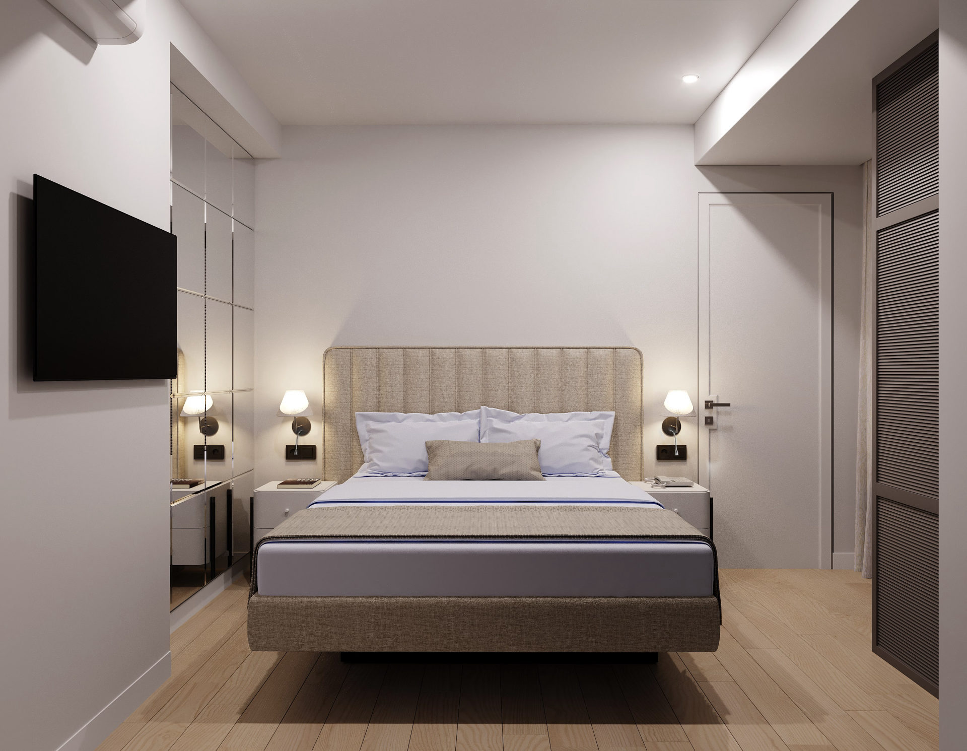 One-bedroom, warm finish — bedroom