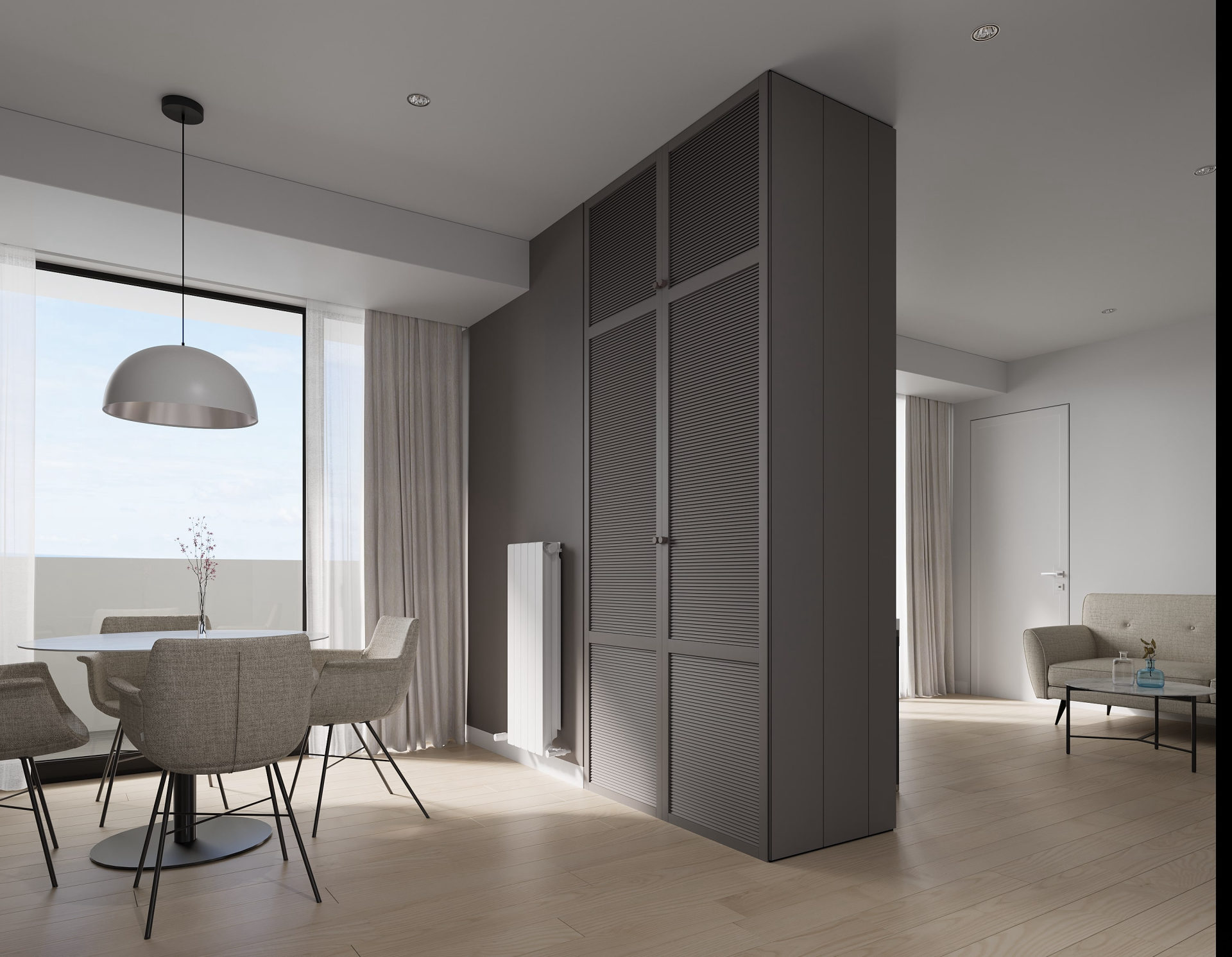 One-bedroom, warm finish — living & dining