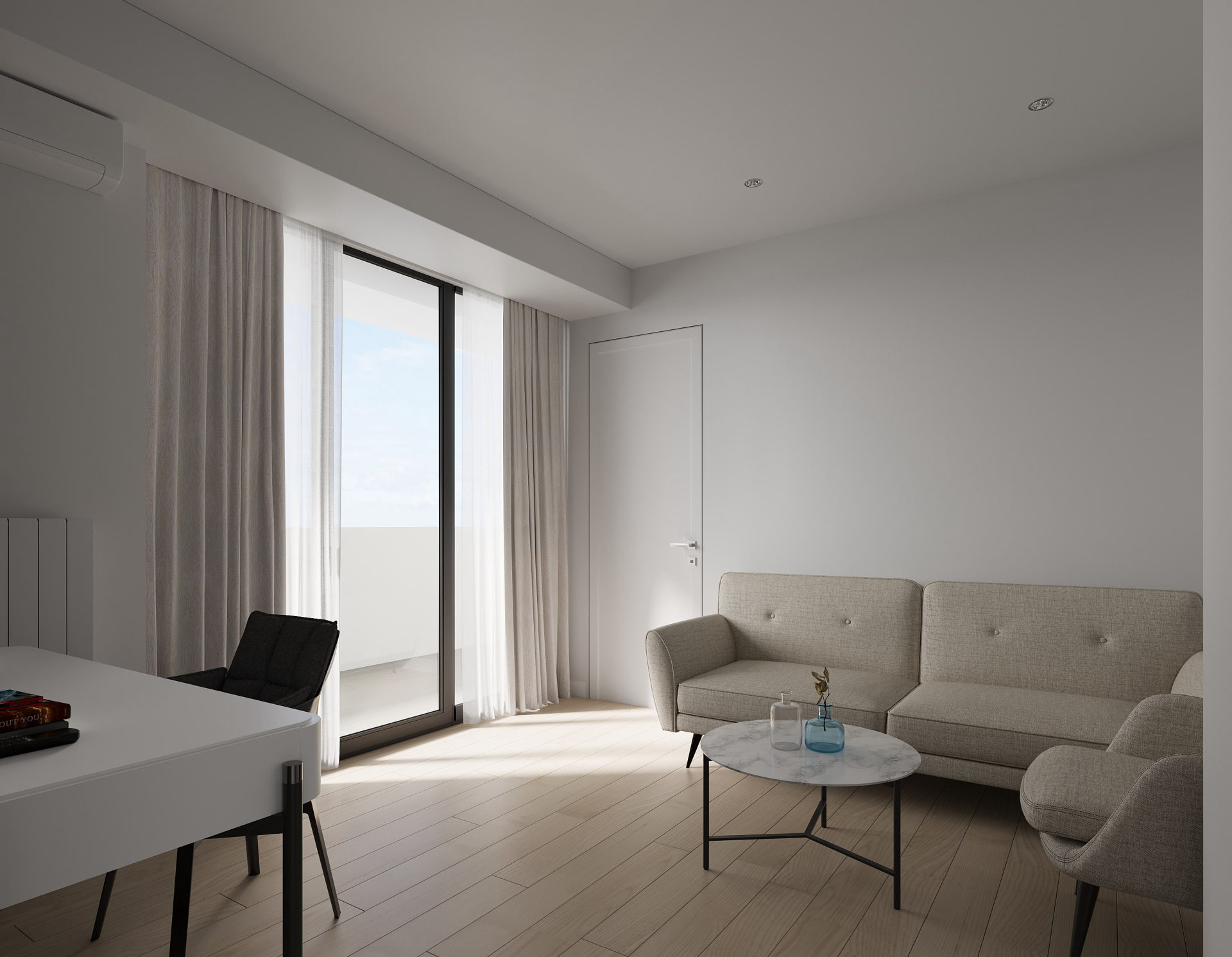 One-bedroom, warm finish — lounge seating