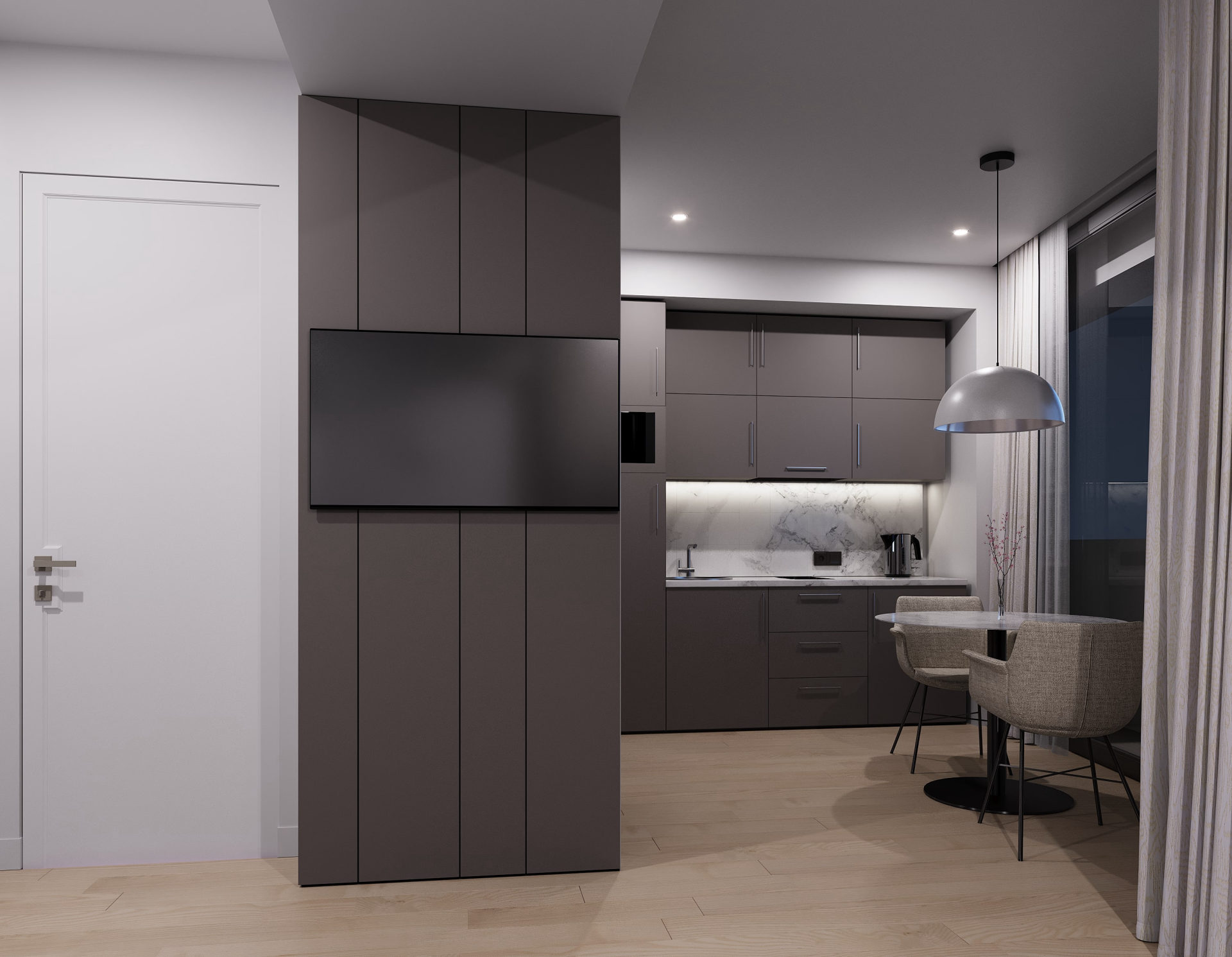 Studio, warm finish — kitchen & TV wall