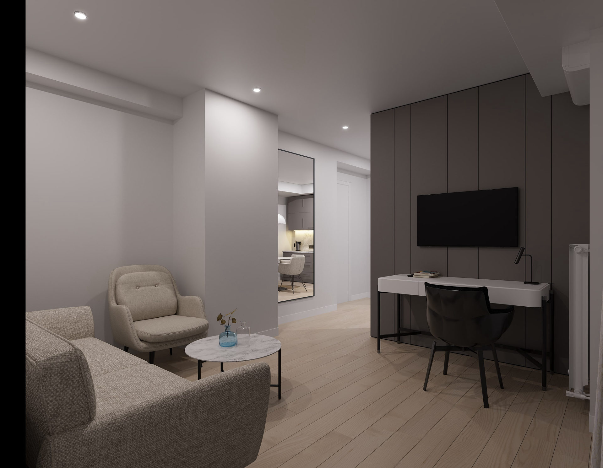 One-bedroom, warm finish — TV & workspace nook