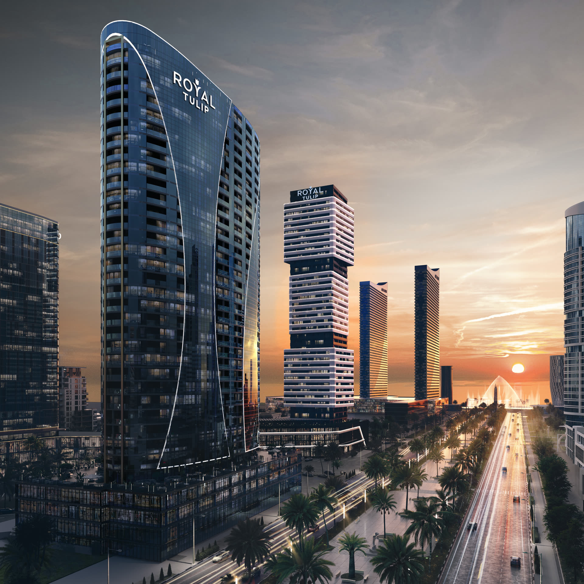 CUBE & OVAL — dusk boulevard view