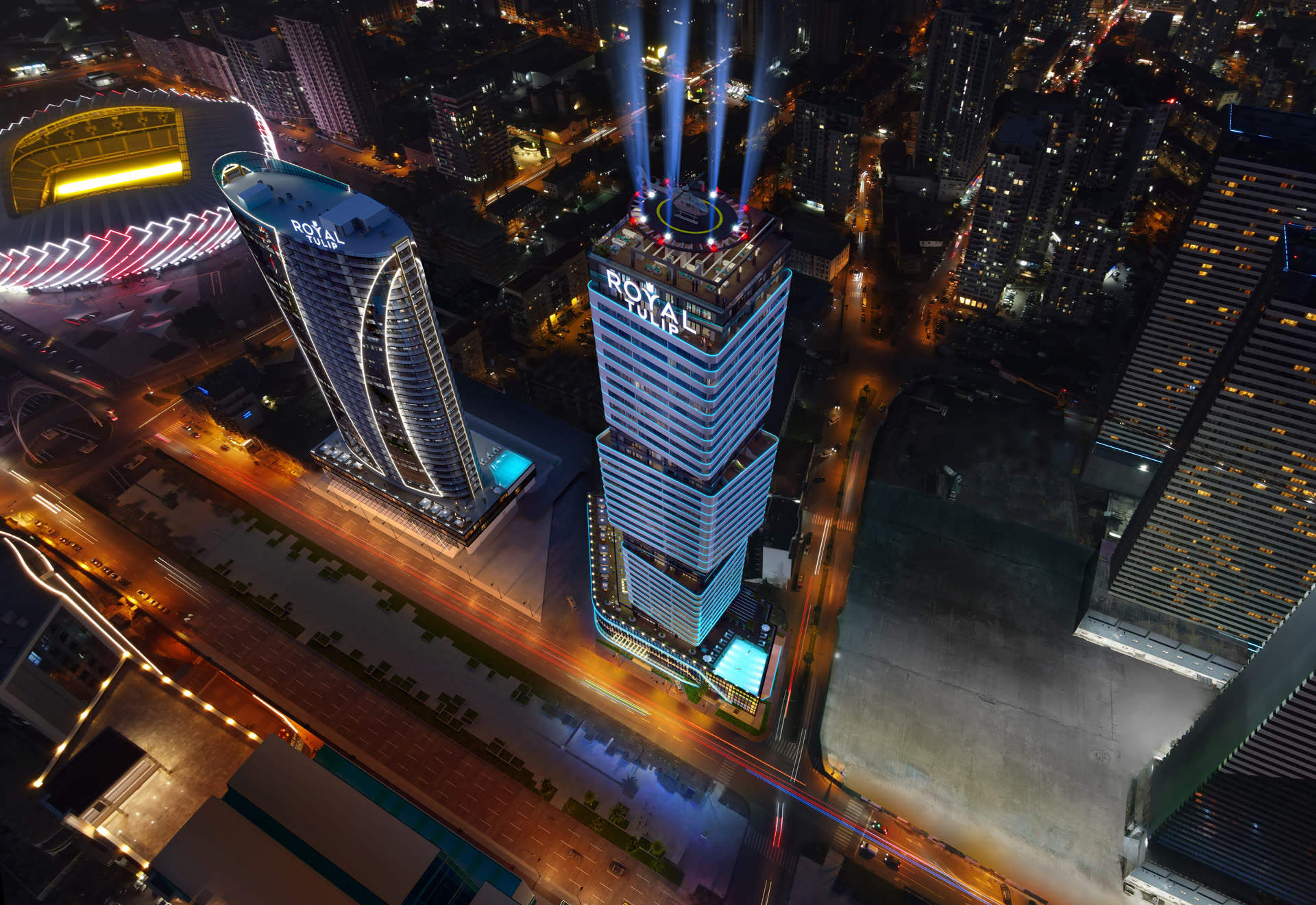 CUBE & OVAL — night aerial view